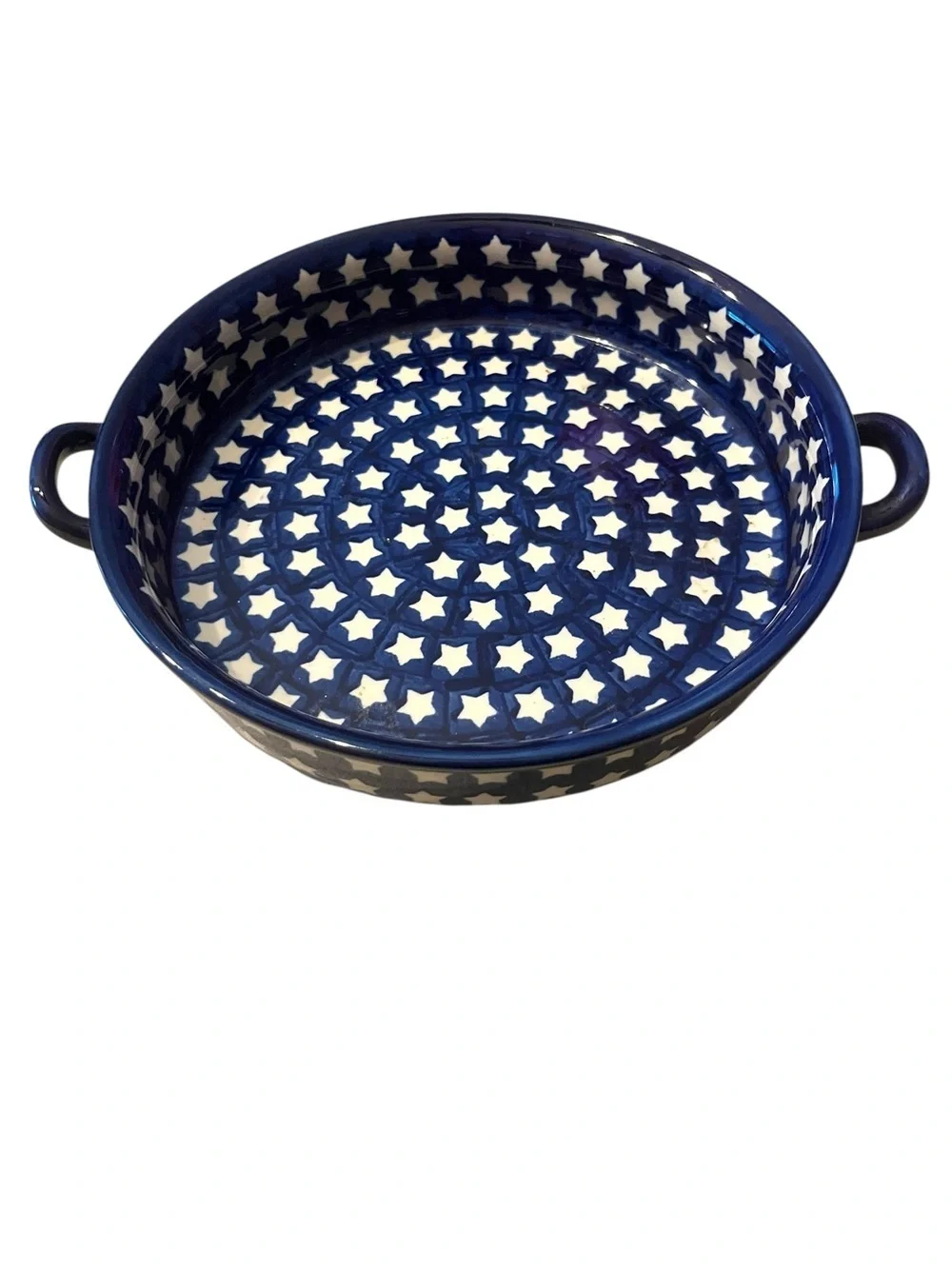 Vintage Boleslawiec Pottery Round Serving Tray with Handles: Blue Star Pattern